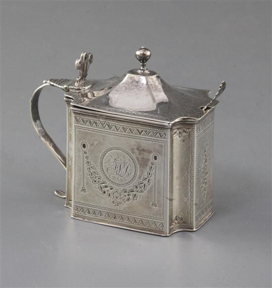 A George III bright cut engraved silver mustard pot by John Wakefield, 4 oz.